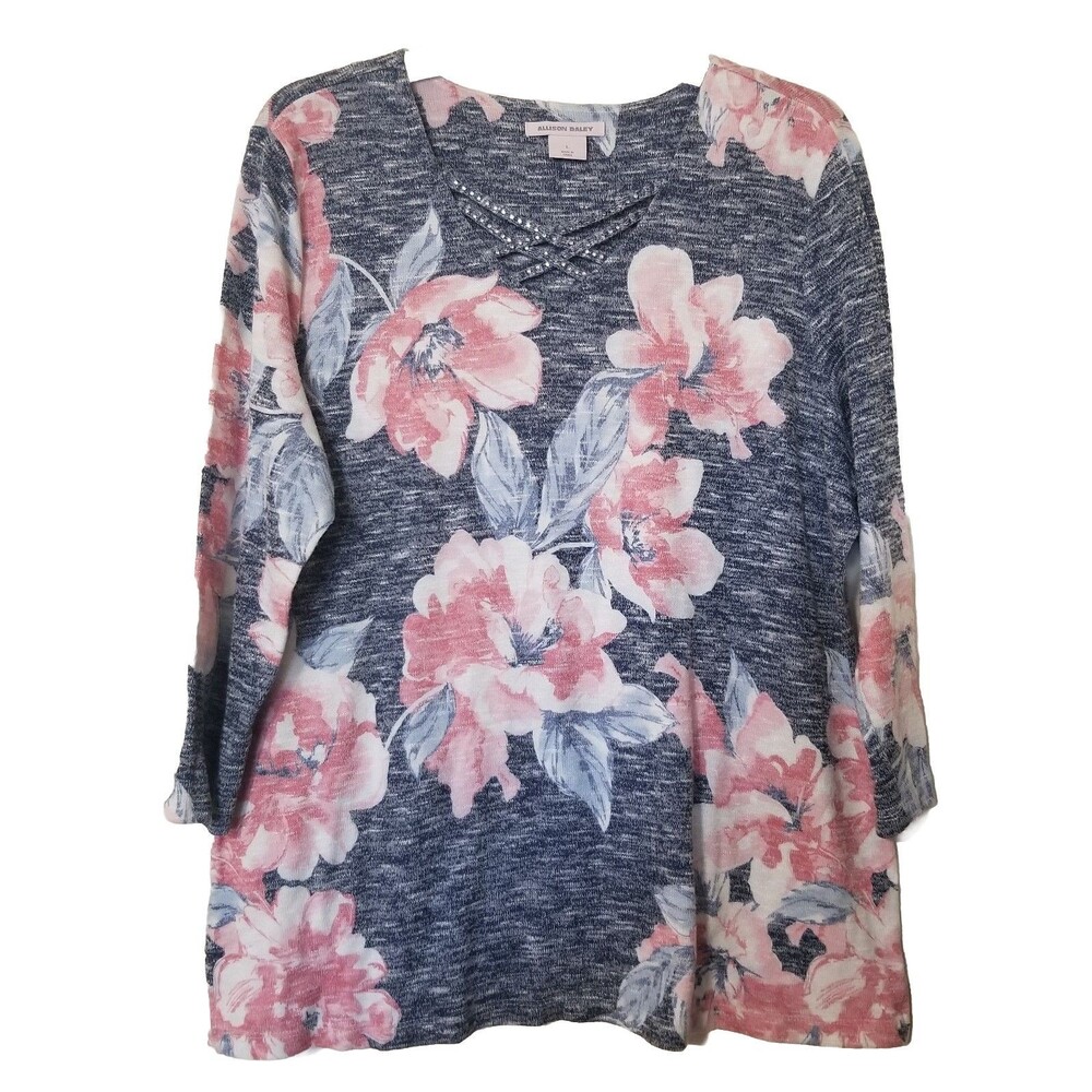 Allison Daley Blouse Womens Floral Gray Large Pink 3/4 Qtr Sleeve Vneck